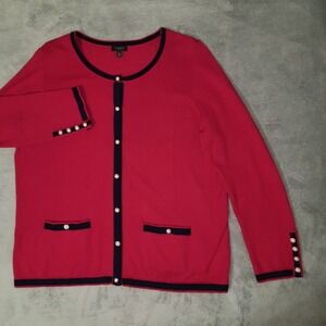 Talbots Red Cardigan Navy Trim Pearl Buttons Womens PL Pockets Preppy Academia